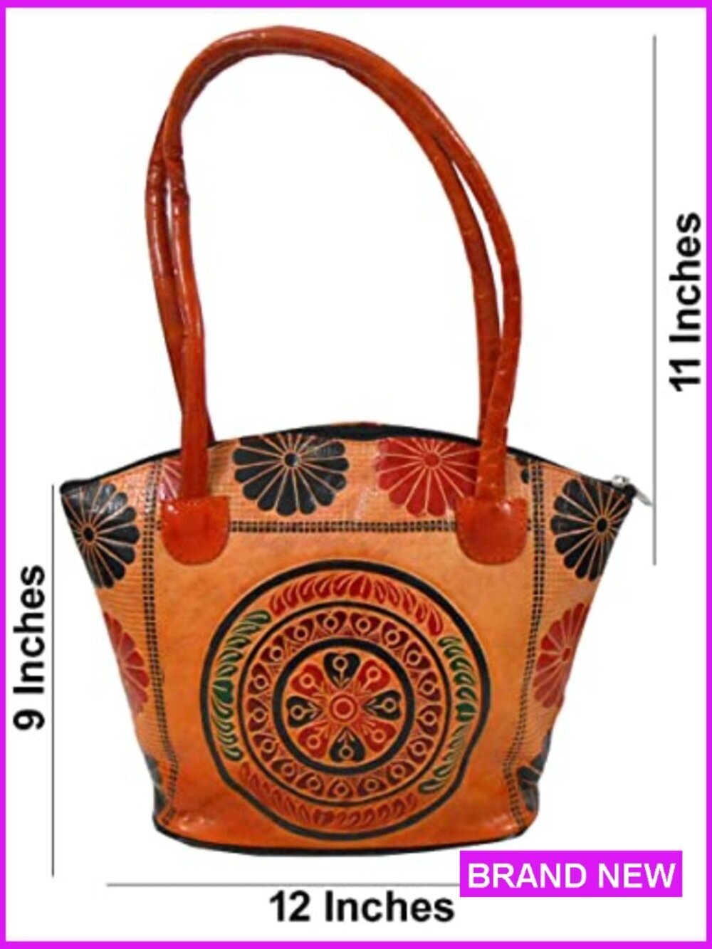 Hand Embossed Leather Shoulder Bag Vintage Ethnic Baguette Purse Zippered - Picture 6 of 7